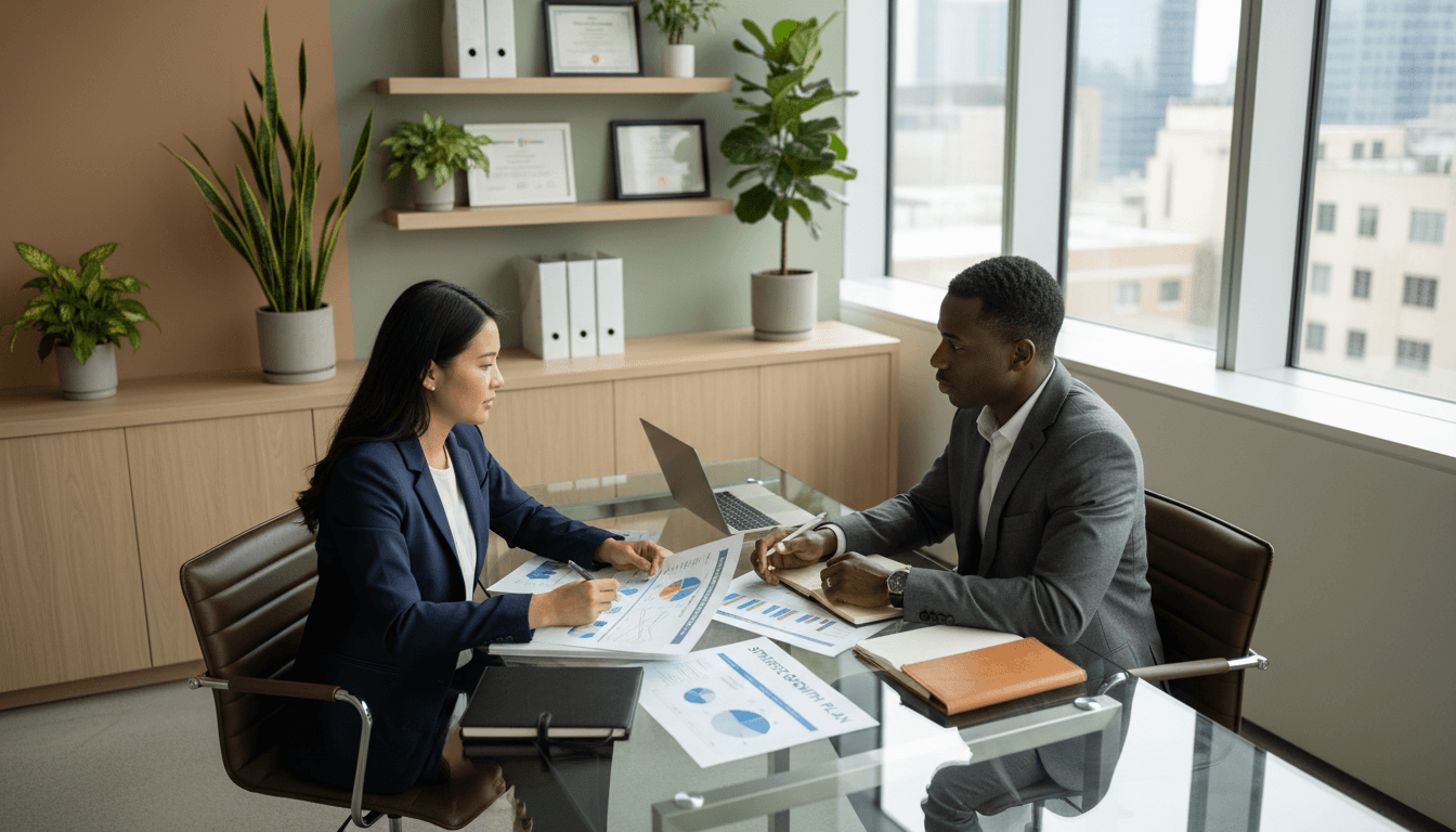 Professional financial advisor meeting with client in modern office with documents and laptop